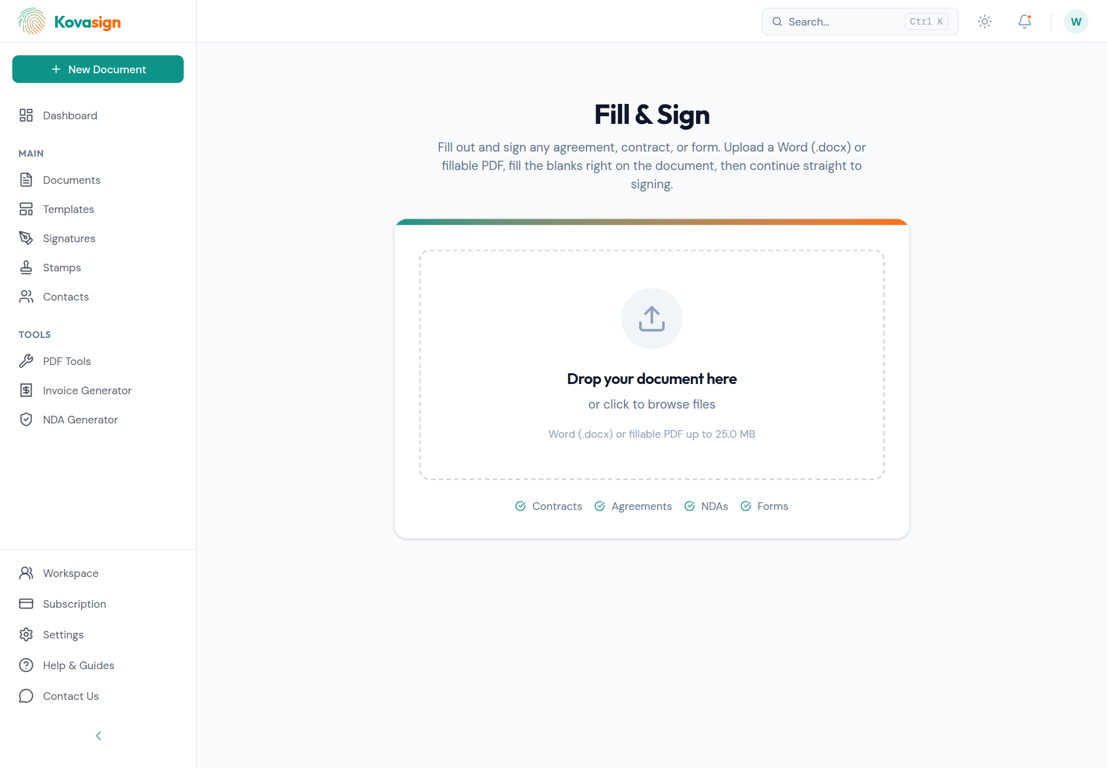 Upload a Word document or a fillable PDF — Kovasign finds all the blanks for you.