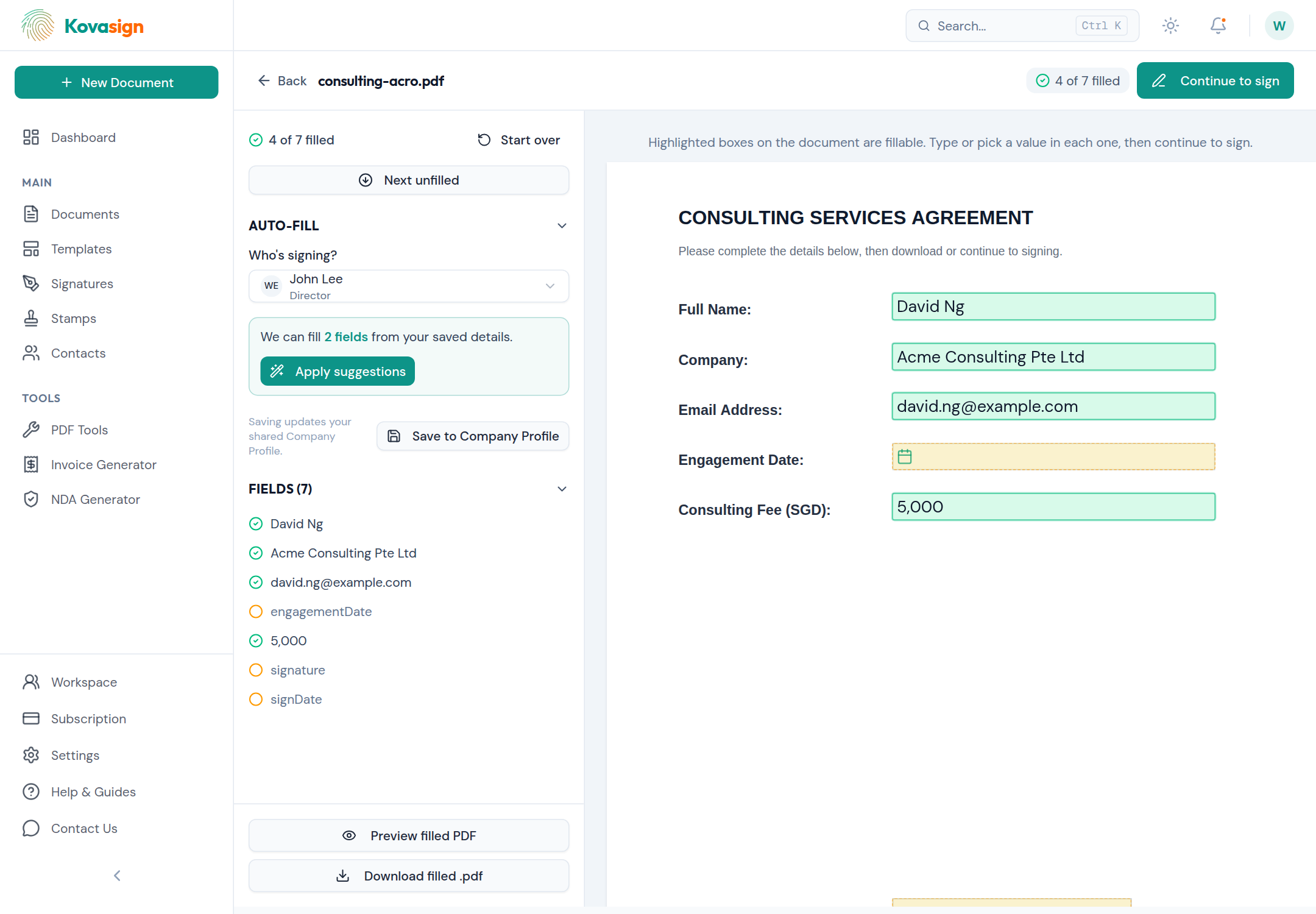 Each blank turns green as you fill it and the panel tracks your progress. When you're done, download the filled PDF — or continue straight to signing.