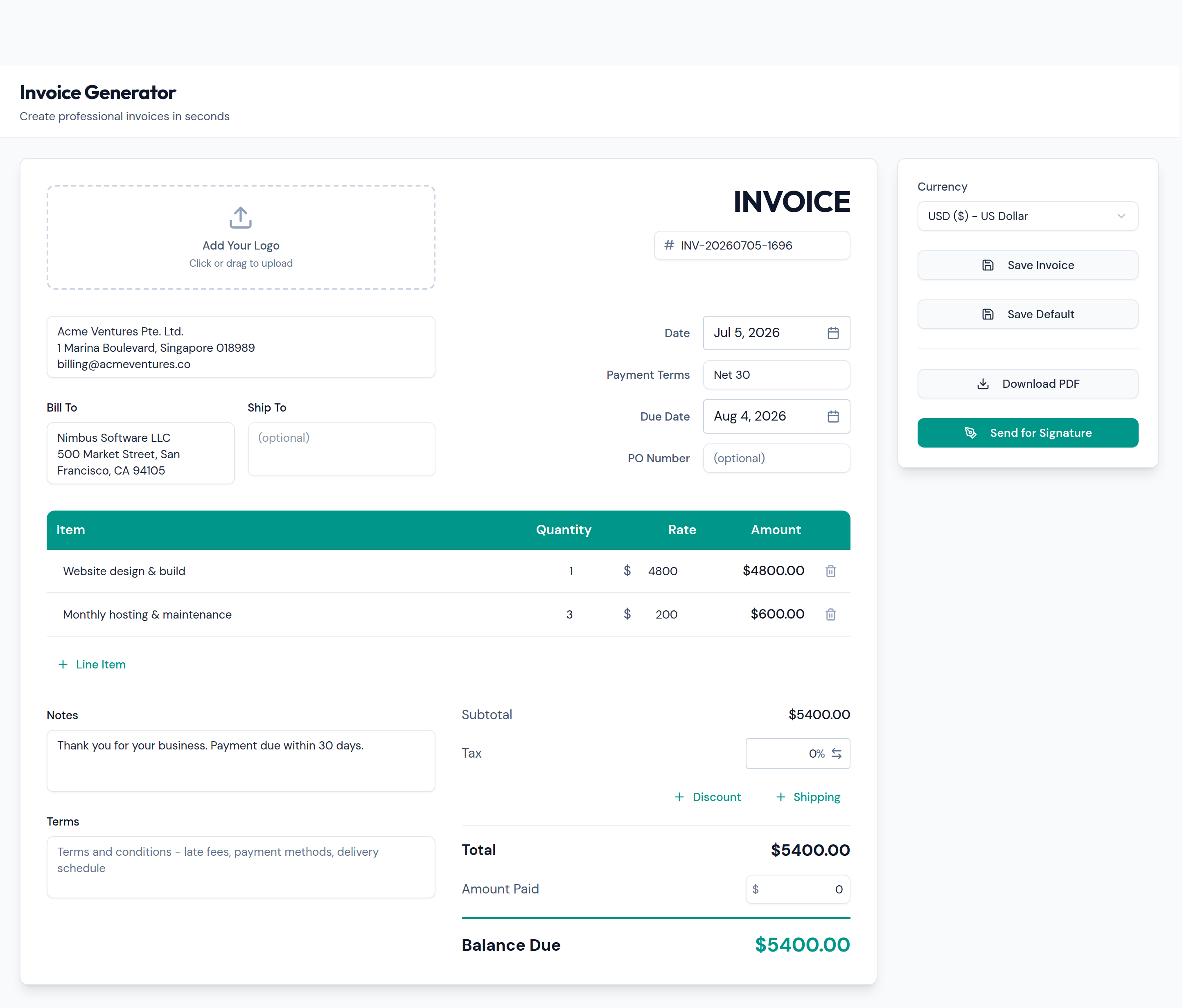 Fill it in like a normal invoice — your details, the client's, and the line items. Totals calculate as you type, and what you see is exactly what downloads.