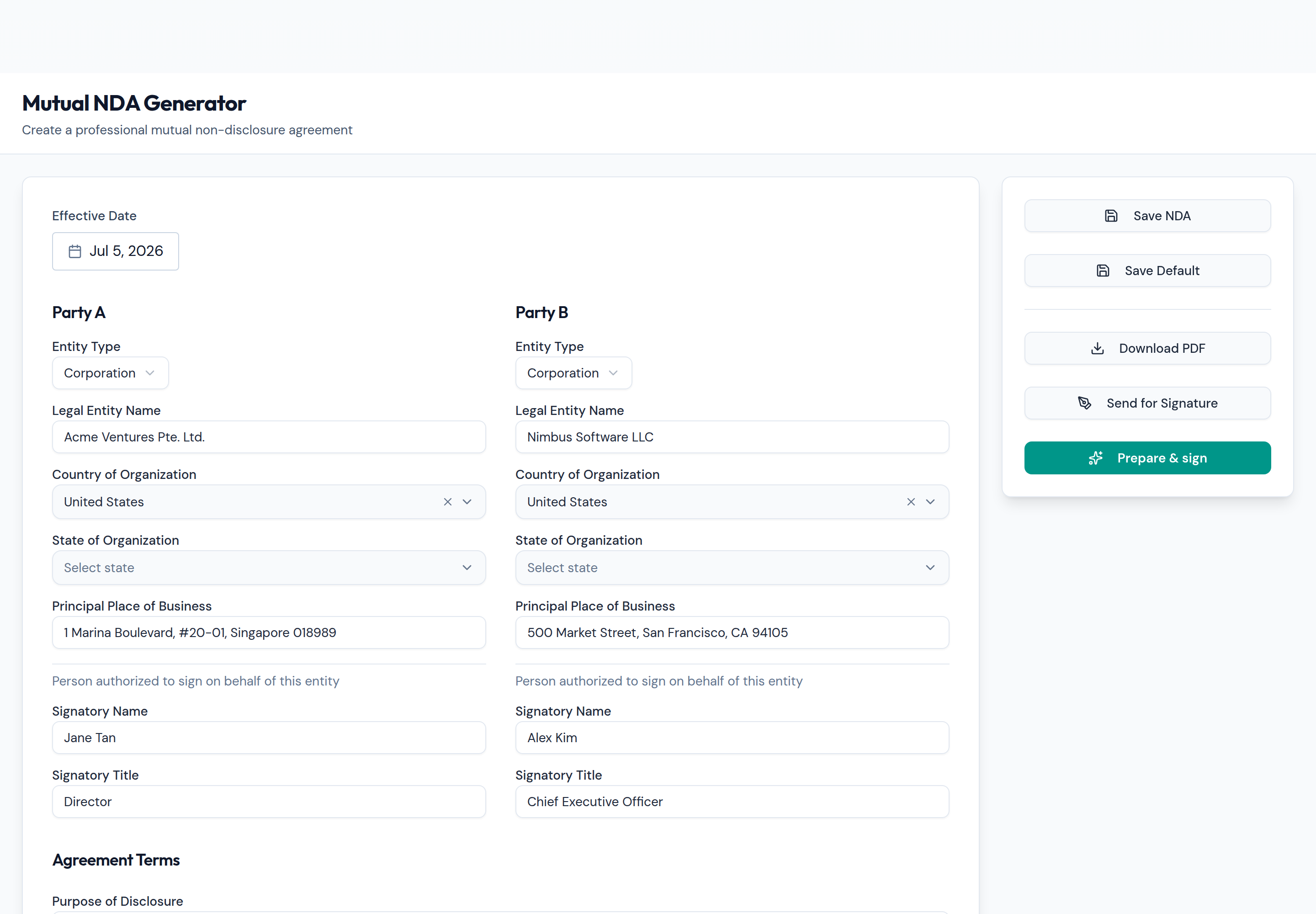 Fill in both parties — legal names, addresses, and who signs on each side. The effective date and legal defaults are already set for you.