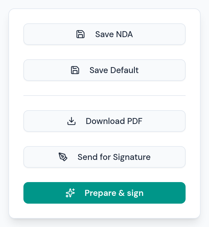 When it's ready, download the finished NDA as a PDF — or send it straight for signature, or prepare and sign it yourself.