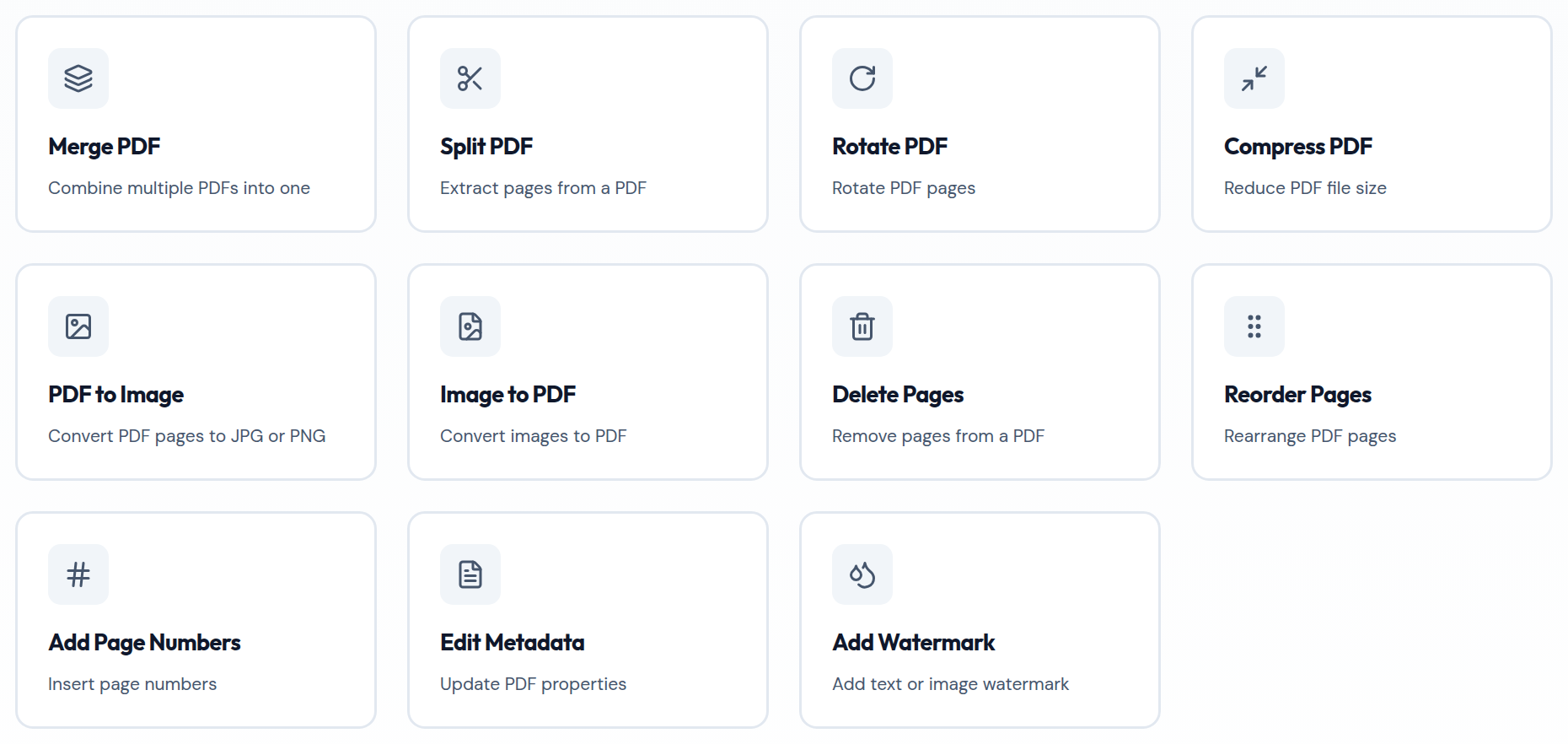 Eleven free PDF tools in one place — merge, split, rotate, compress, convert to and from images, delete or reorder pages, add page numbers, edit metadata, and watermark.