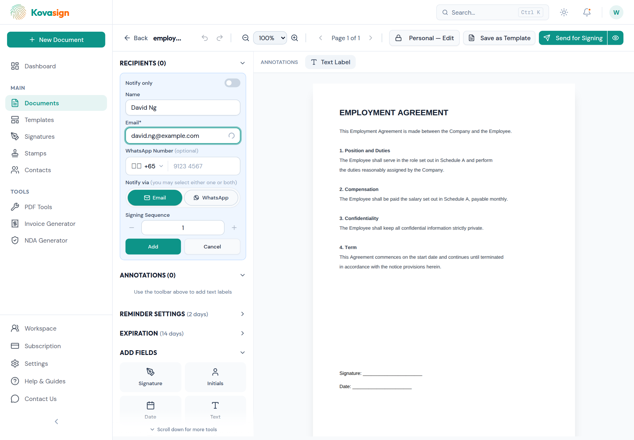 The first time you add a recipient, just type their name and email. Kovasign saves them to your contacts automatically — no extra step.