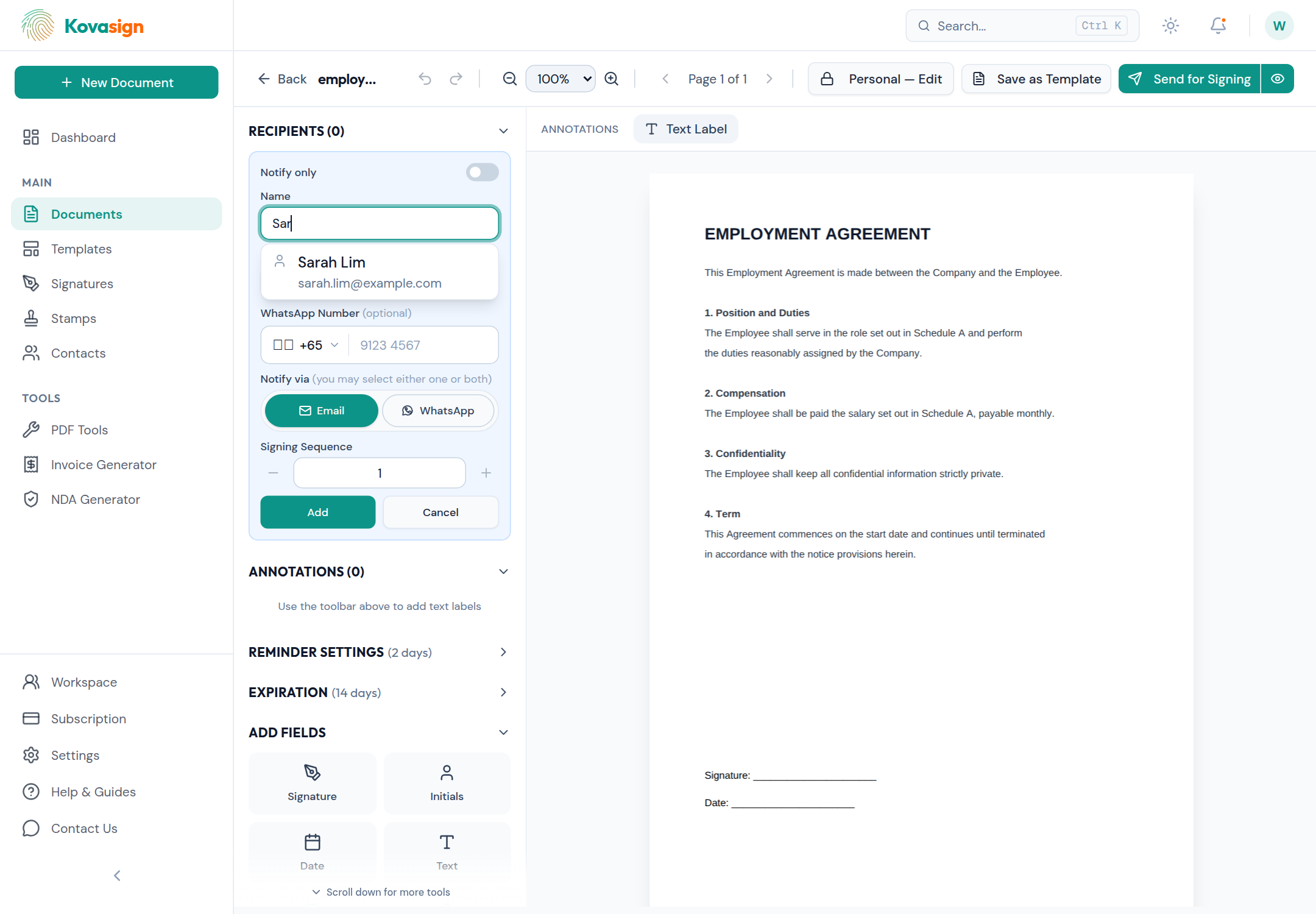 Next time you send a document, start typing a saved contact's name — matching people appear instantly.