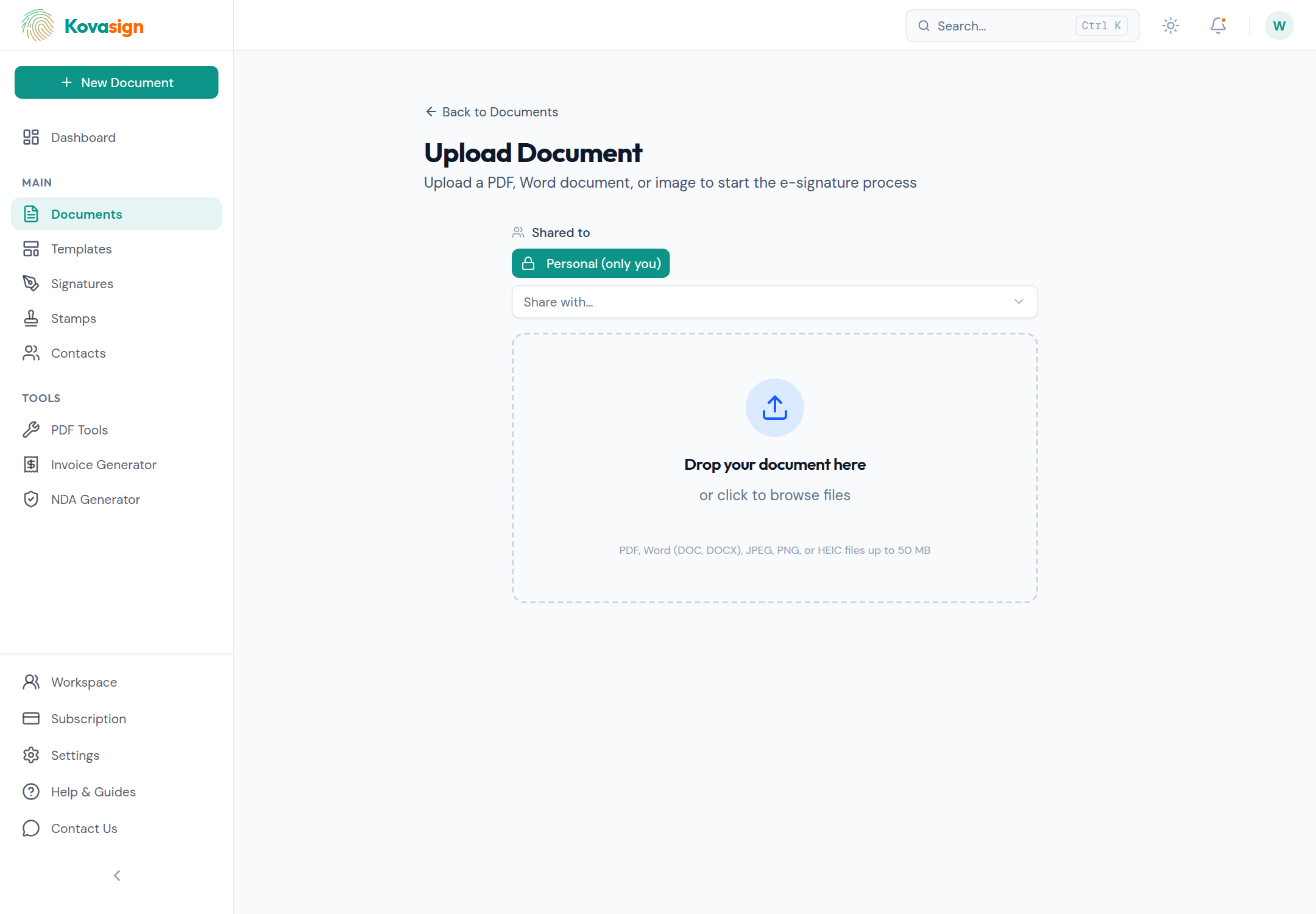 Upload your document — drag a PDF, Word doc, or image onto the upload area, or click to browse.