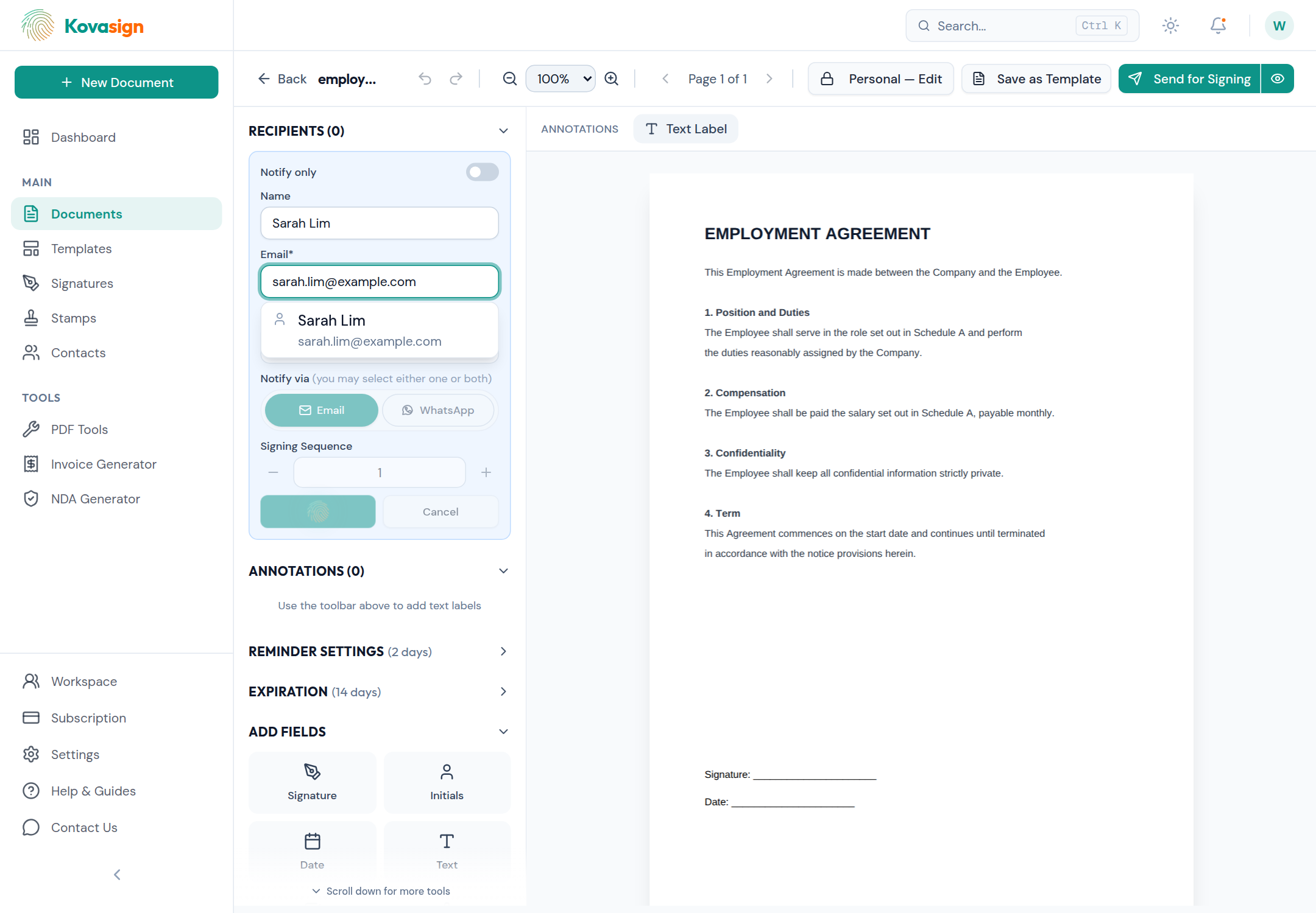 Add each recipient — just their name and email. You can choose how they're notified (email and/or WhatsApp).