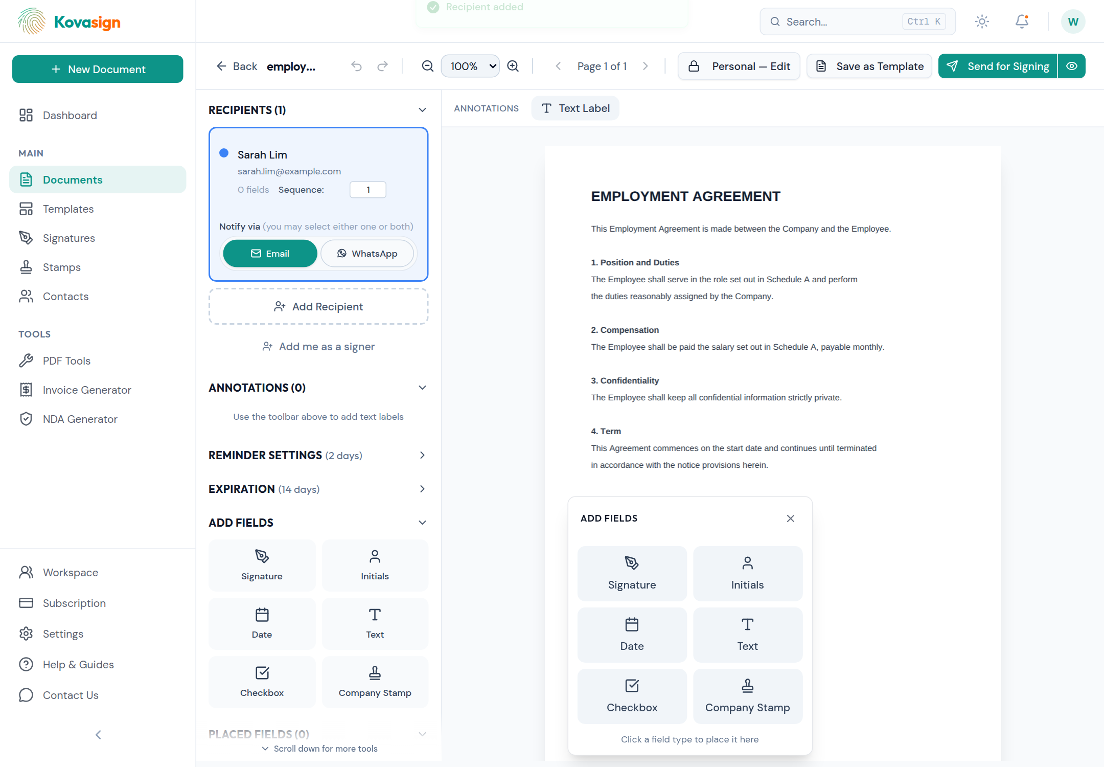 Click where a field should go on the document, then pick the field type — signature, initials, date, text, and more.