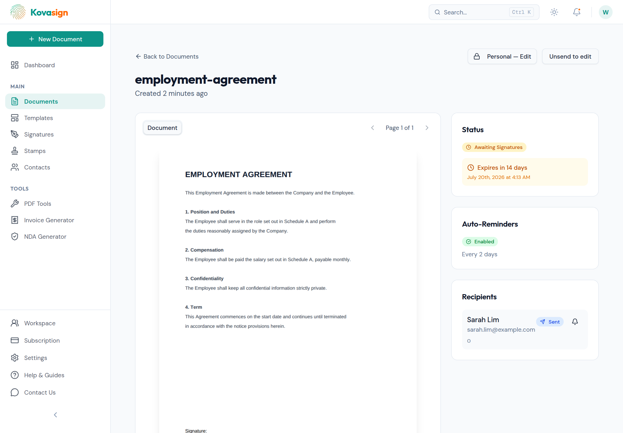 Click Send for Signing. Each recipient gets a secure link, and you track progress — who it's been sent to, who has signed — right here.