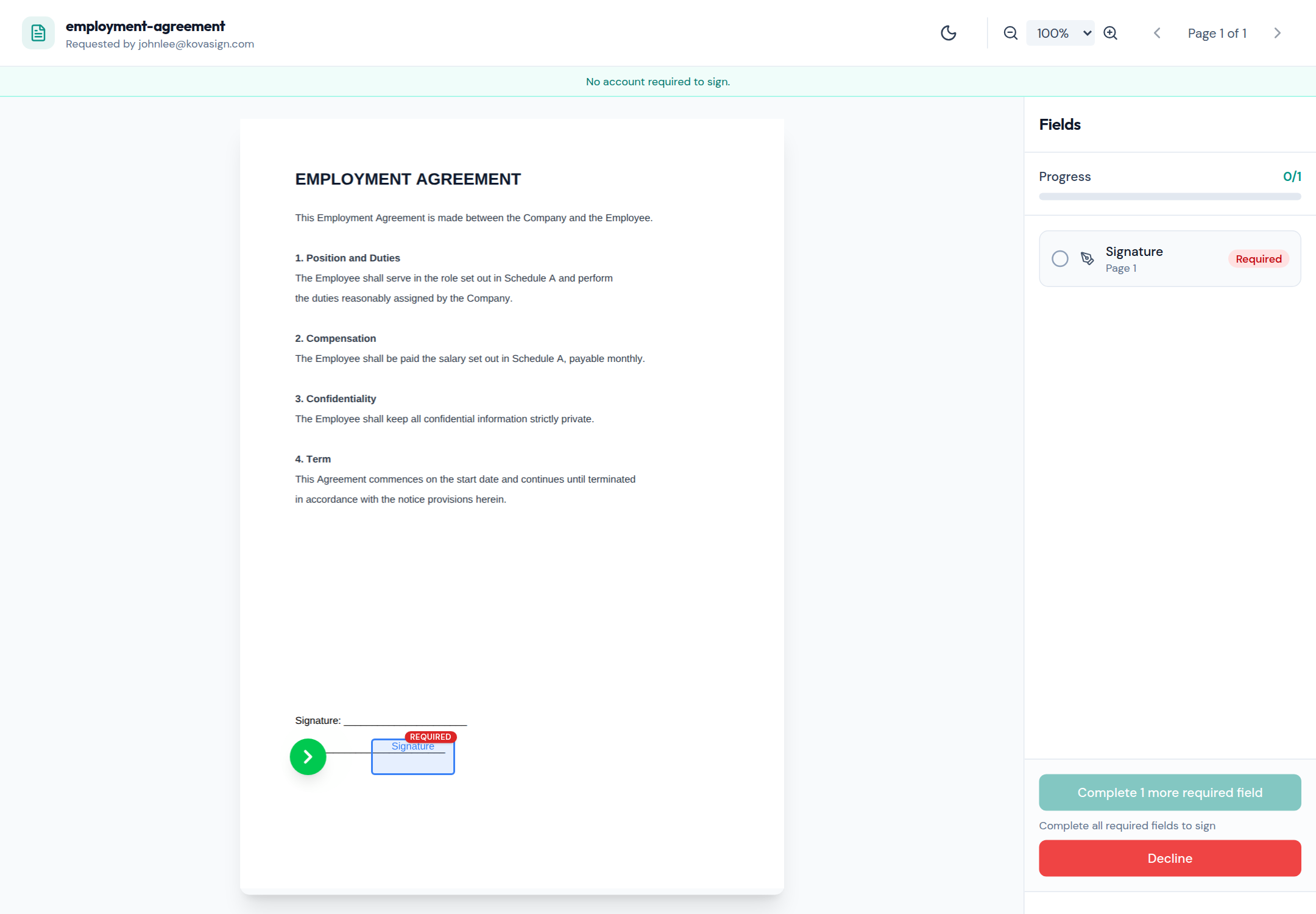Open the signing link from your email — no account or sign-up needed. Review the document; the Fields panel shows exactly what you need to complete.