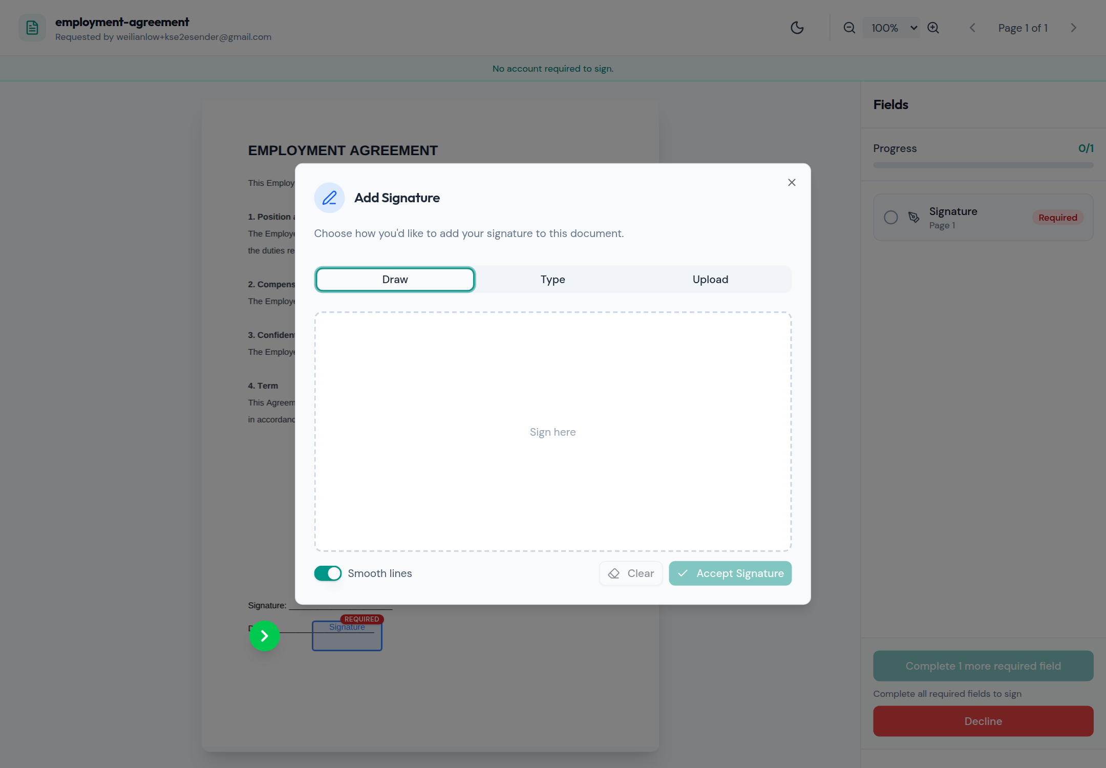 Click a field to add your signature — draw it, type it, or upload an image — then Accept.
