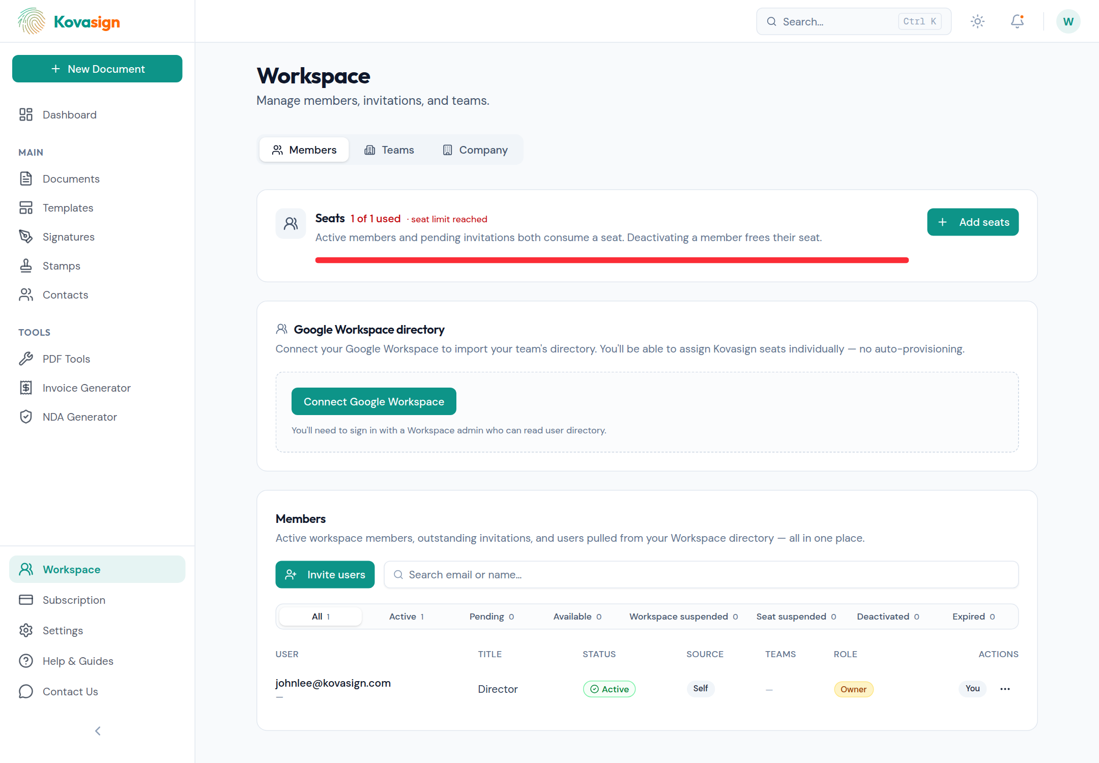 Manage your whole workspace in one place — members, seats, roles, and pending invitations, with quick filters.