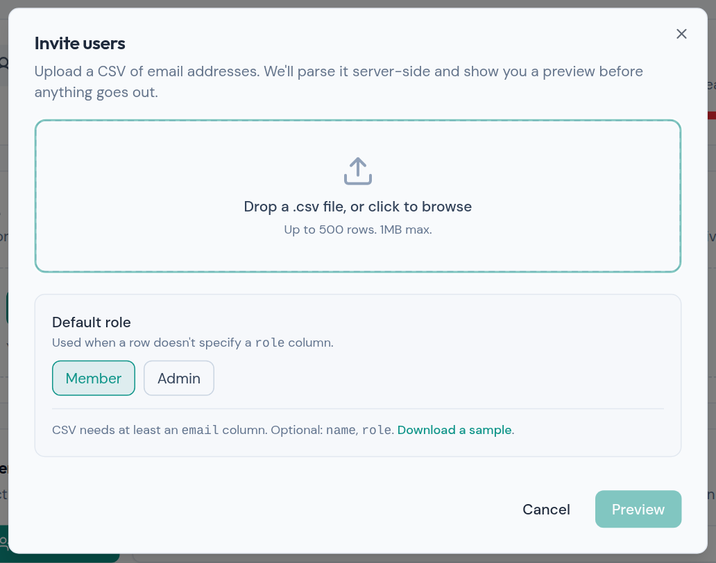Invite teammates in bulk by uploading a CSV of email addresses — set their default role, preview, then send.