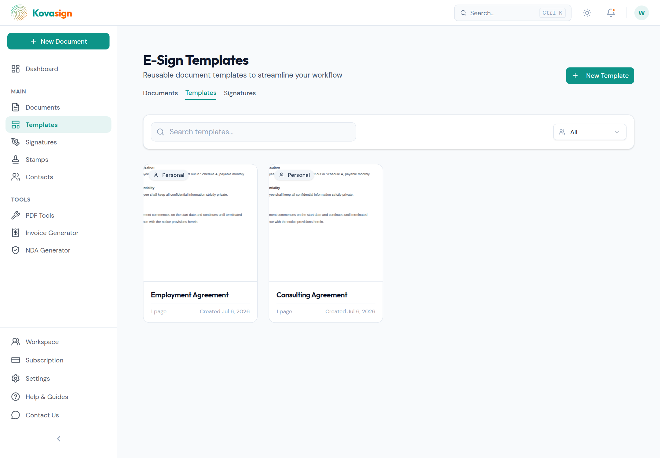 Your templates live in one library. Start a new document from any of them and the layout, fields, and roles are already set — no rebuilding each time.